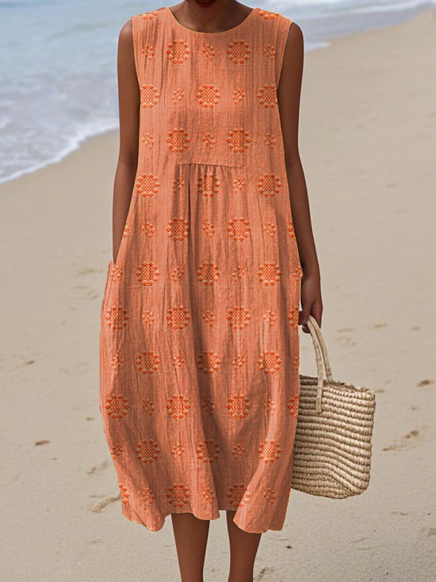 Leah | Sleeveless Embroidered Cotton Pocket Women Summer Midi Dress