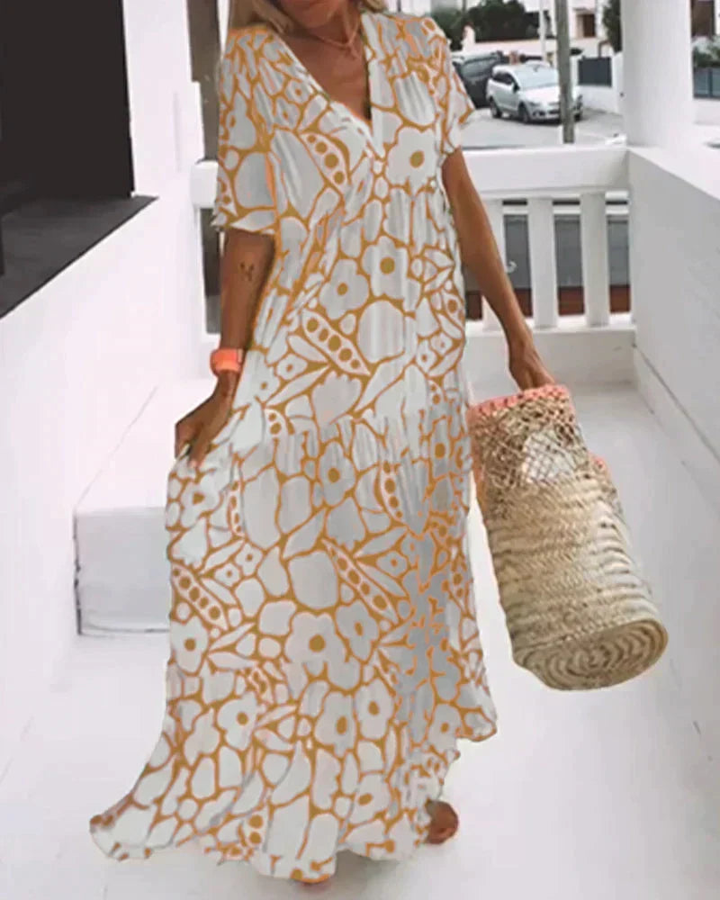 Julia | Boho Abstract Flutter-Sleeve Women Summer Maxi Dress