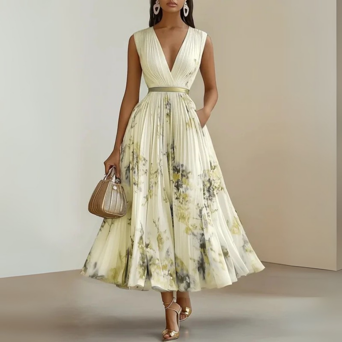 Jasmine | Floral Deep-V Sleeveless A-Line Women Summer Midi Dress