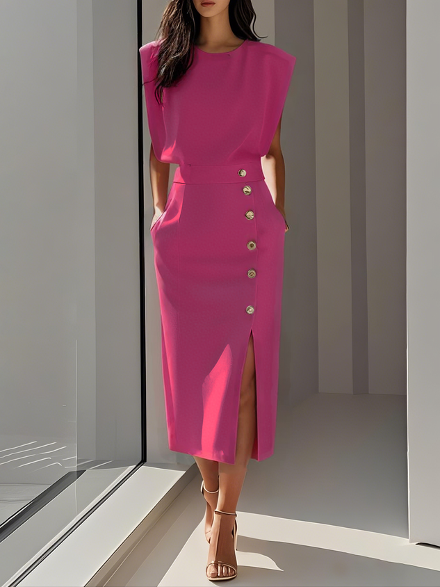 Colette | Sleeveless Side-Button Front-Slit Women Summer Midi Dress