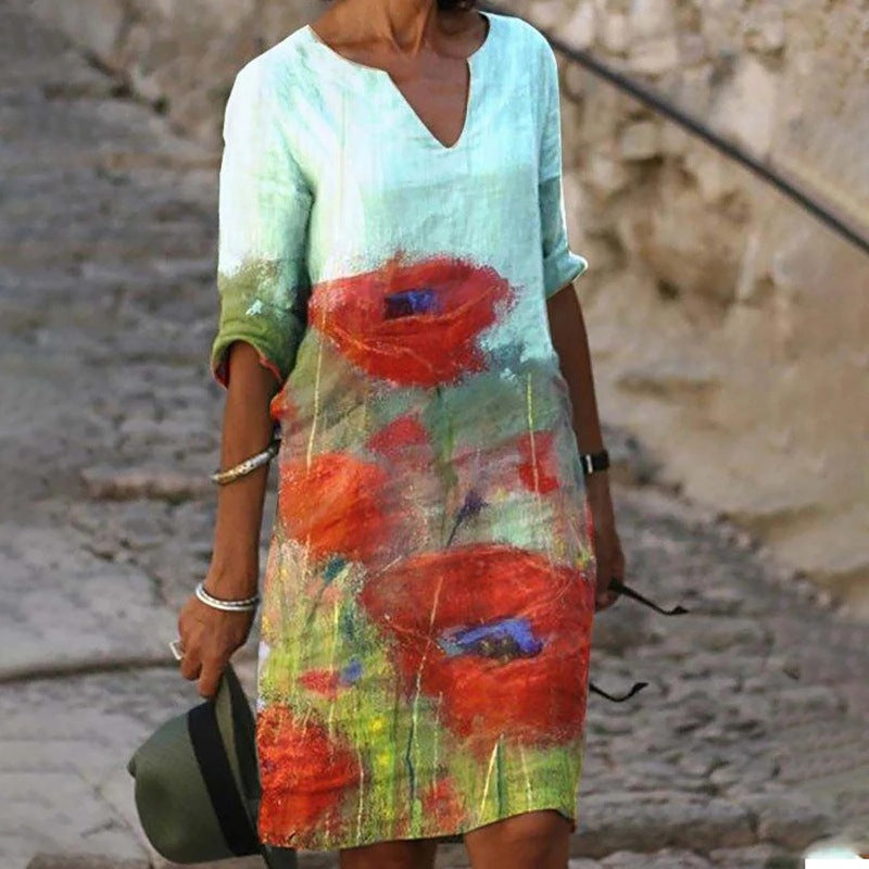 Jacqueline | Three-Quarter-Sleeve Floral V-Neck Women Summer Midi Dress