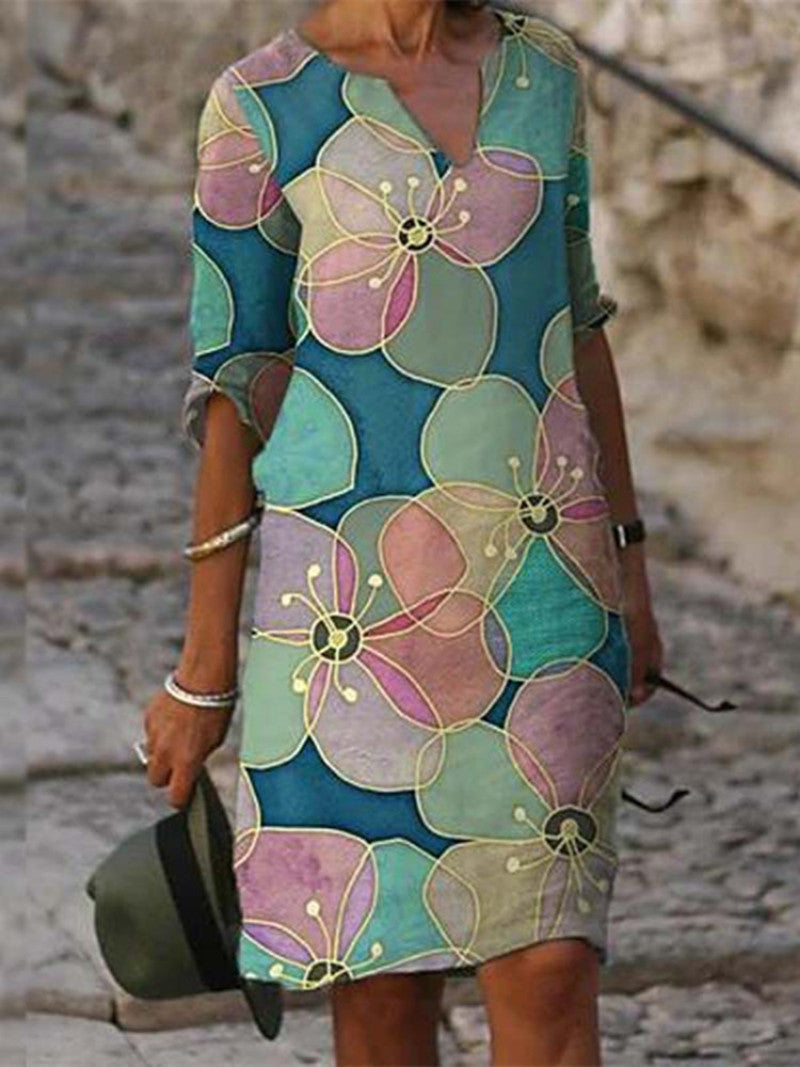 Jacqueline | Three-Quarter-Sleeve Floral V-Neck Women Summer Midi Dress