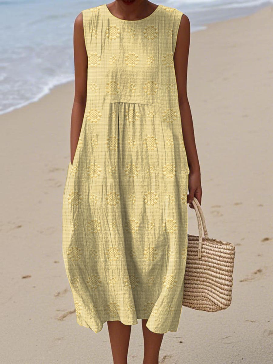 Leah | Sleeveless Embroidered Cotton Pocket Women Summer Midi Dress