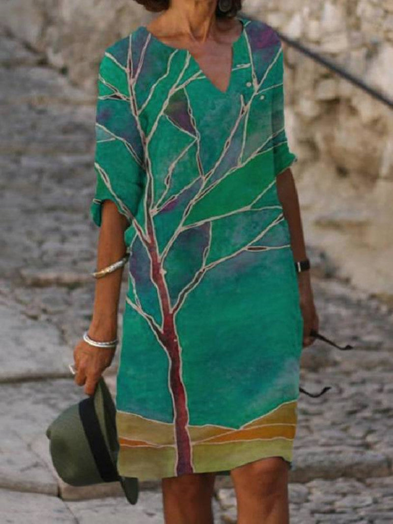 Jacqueline | Three-Quarter-Sleeve Floral V-Neck Women Summer Midi Dress
