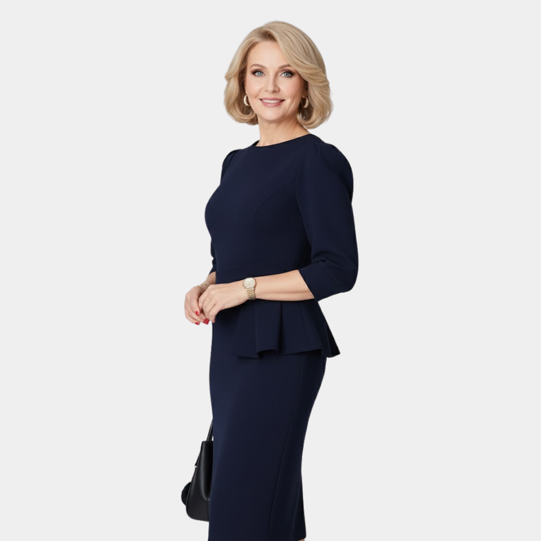Cordelia | Peplum Ruffle Three-Quarter-Sleeve Women's Midi Dress for Autumn