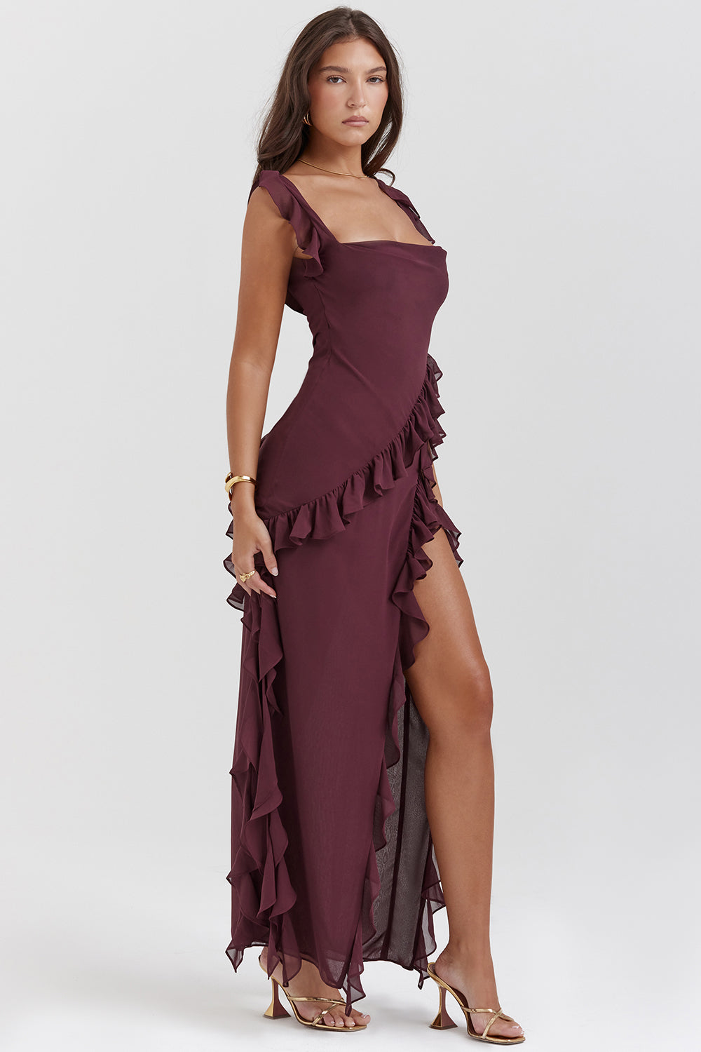 Melantha | Adjustable-Strap Ruffle High-Slit Women's Dress