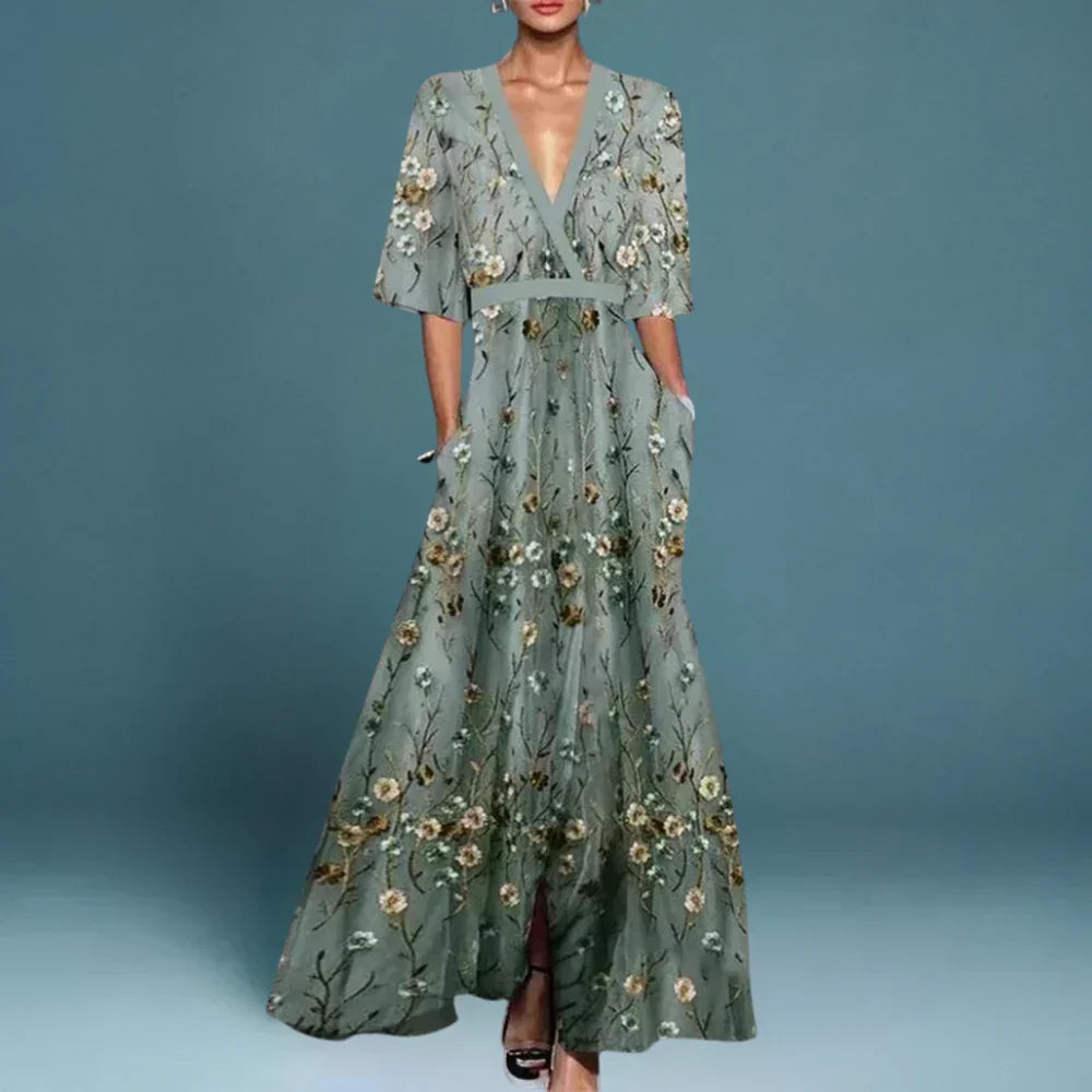 Marianne | Embroidered-Print Deep-V Elbow-Sleeve Women Summer Maxi Dress