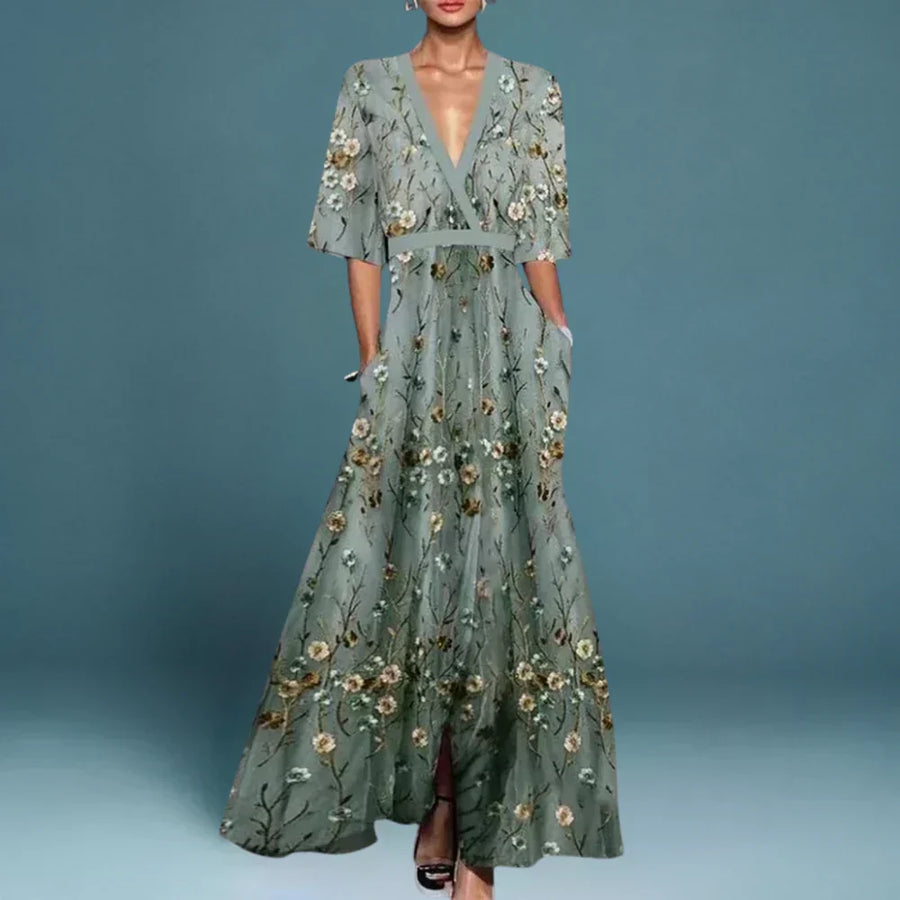 Marianne | Embroidered-Print Deep-V Elbow-Sleeve Women Summer Maxi Dress