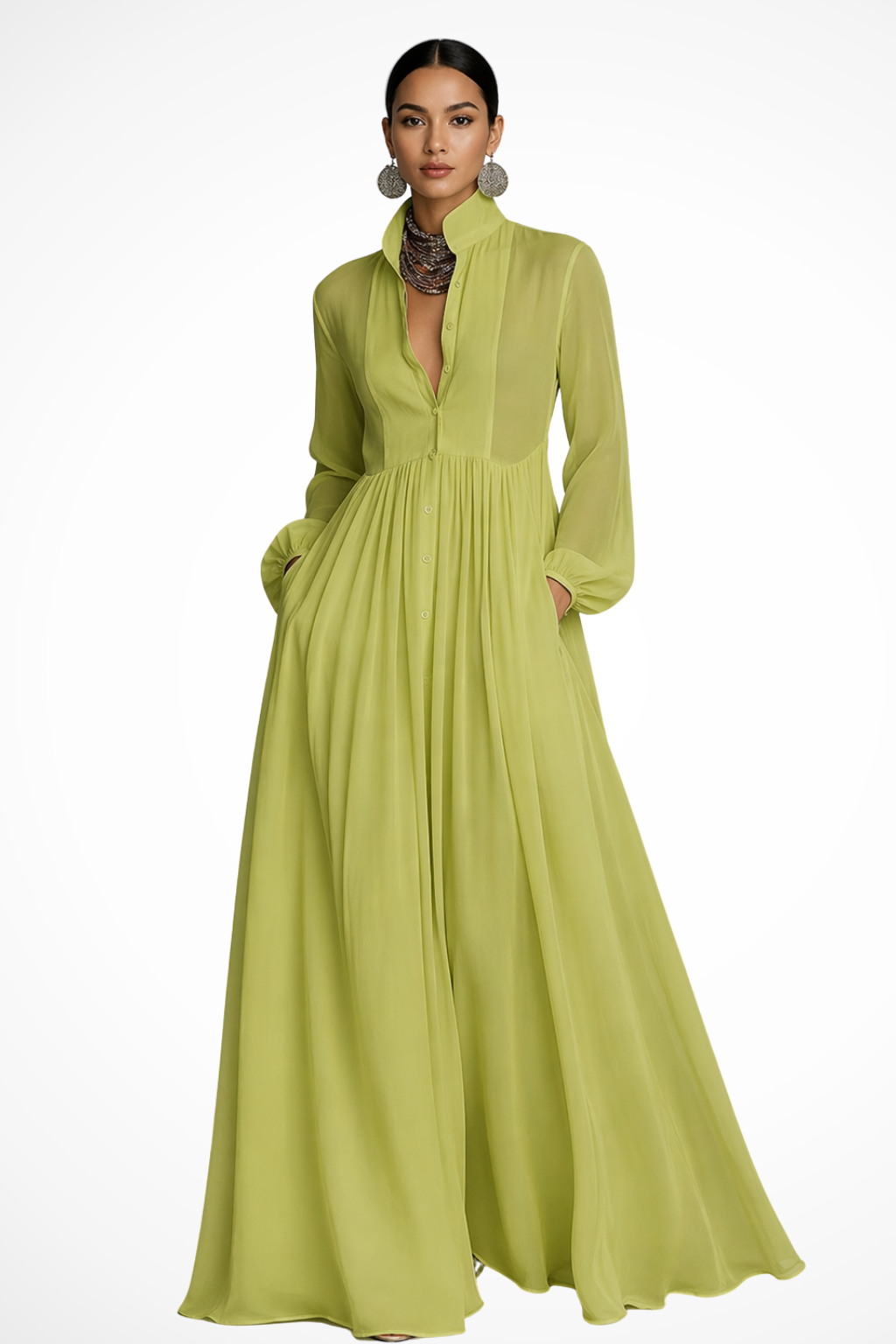 Caroline | Long-Sleeve Button-Front Pocket Women Summer Maxi Dress
