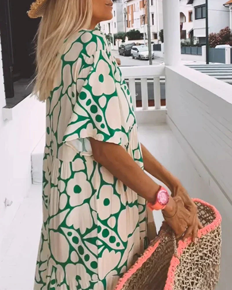 Julia | Boho Abstract Flutter-Sleeve Women Summer Maxi Dress