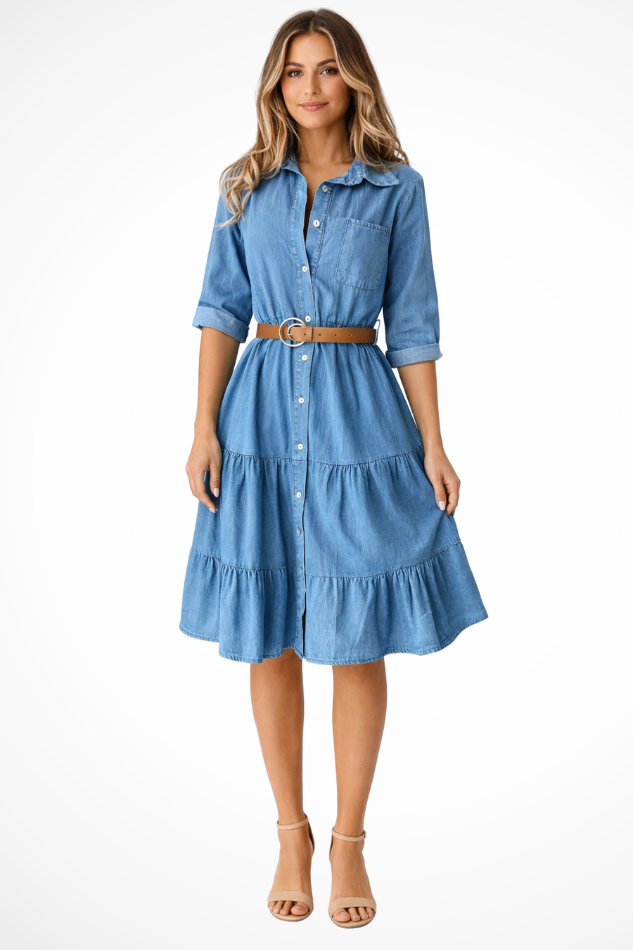 Esther | Denim Button-Front Tiered Women Summer Midi Dress