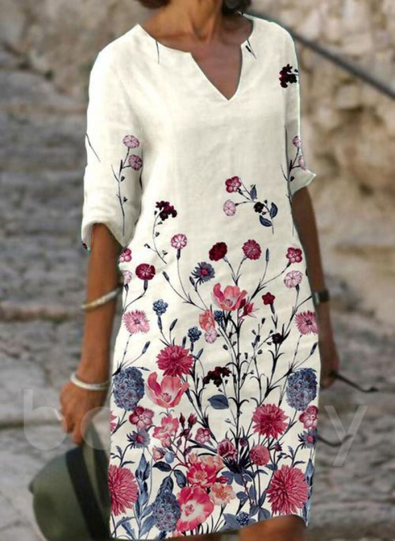 Jacqueline | Three-Quarter-Sleeve Floral V-Neck Women Summer Midi Dress