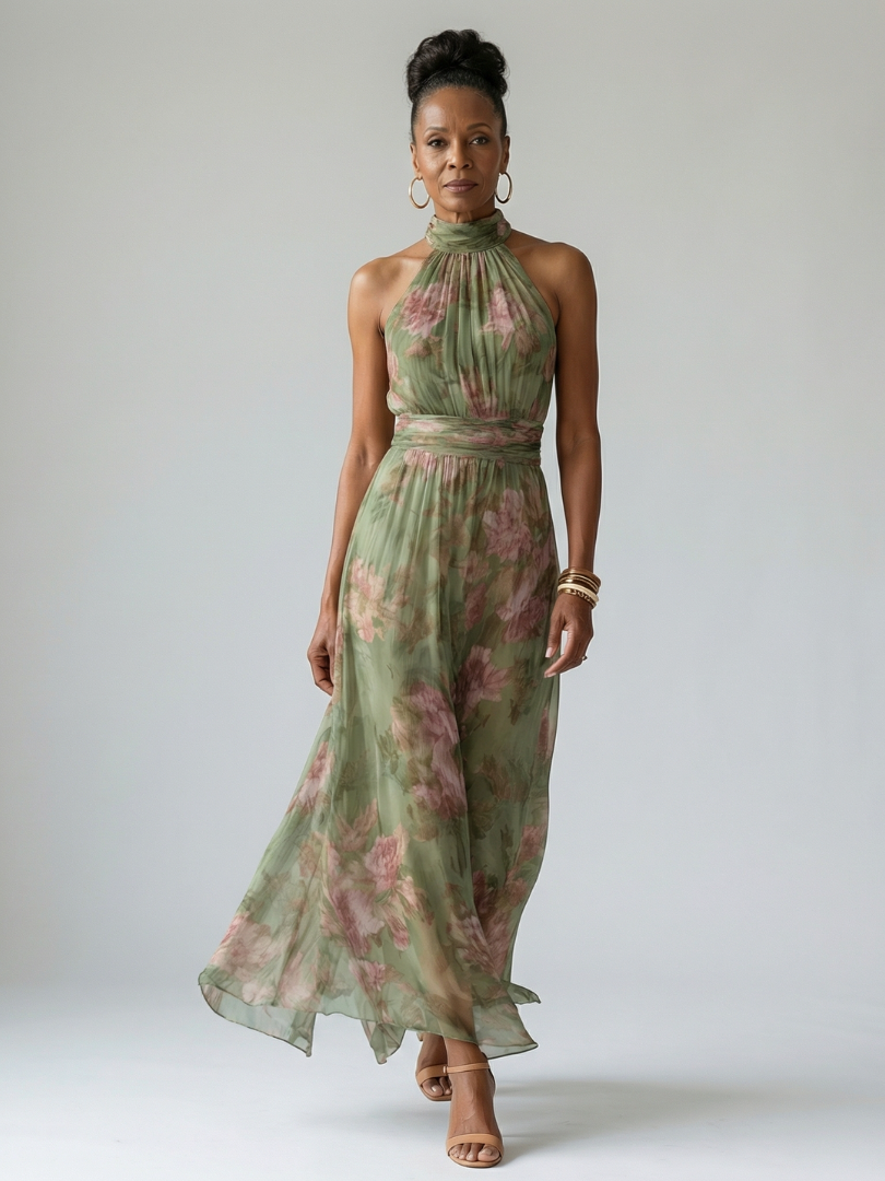 Gloria | Floral Halter Waist-Tie Women Summer Maxi Dress