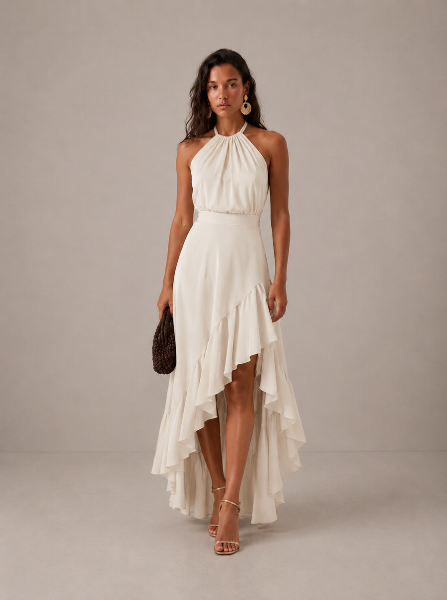 Penelope | Halter Asymmetric Ruffle Women Summer Midi Dress