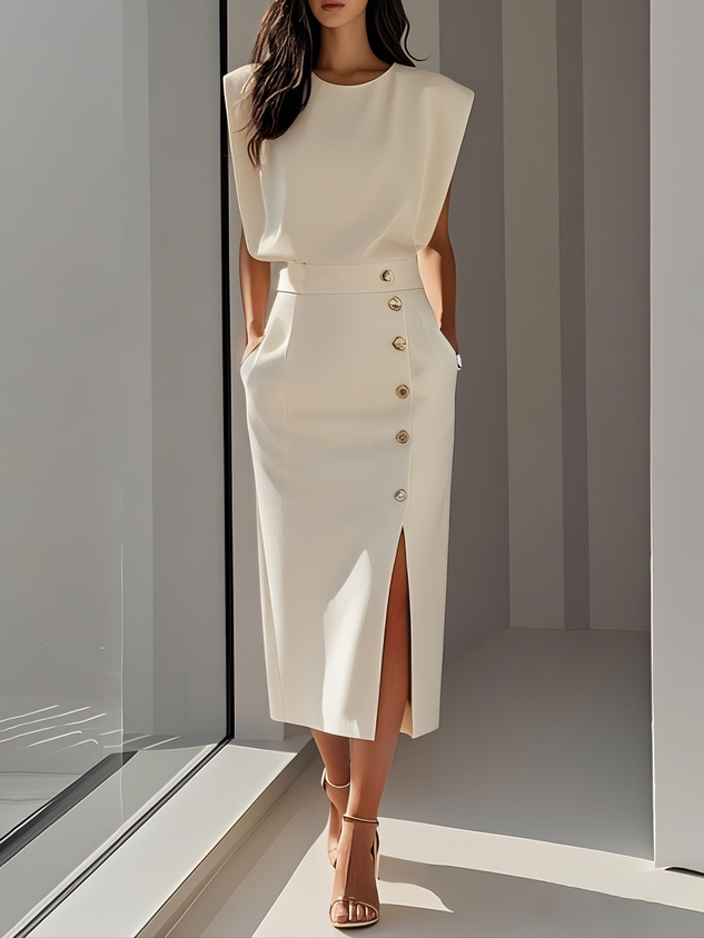 Colette | Sleeveless Side-Button Front-Slit Women Summer Midi Dress