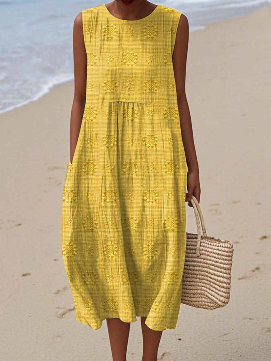Leah | Sleeveless Embroidered Cotton Pocket Women Summer Midi Dress