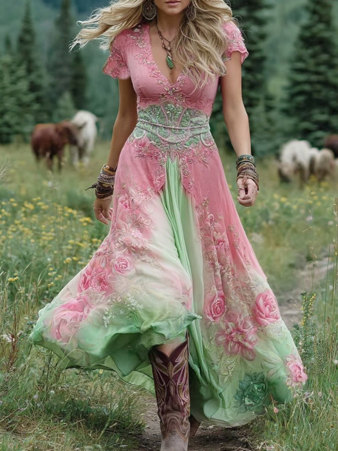 Brooklyn | Bohemian Floral Deep-V Women Summer Maxi Dress