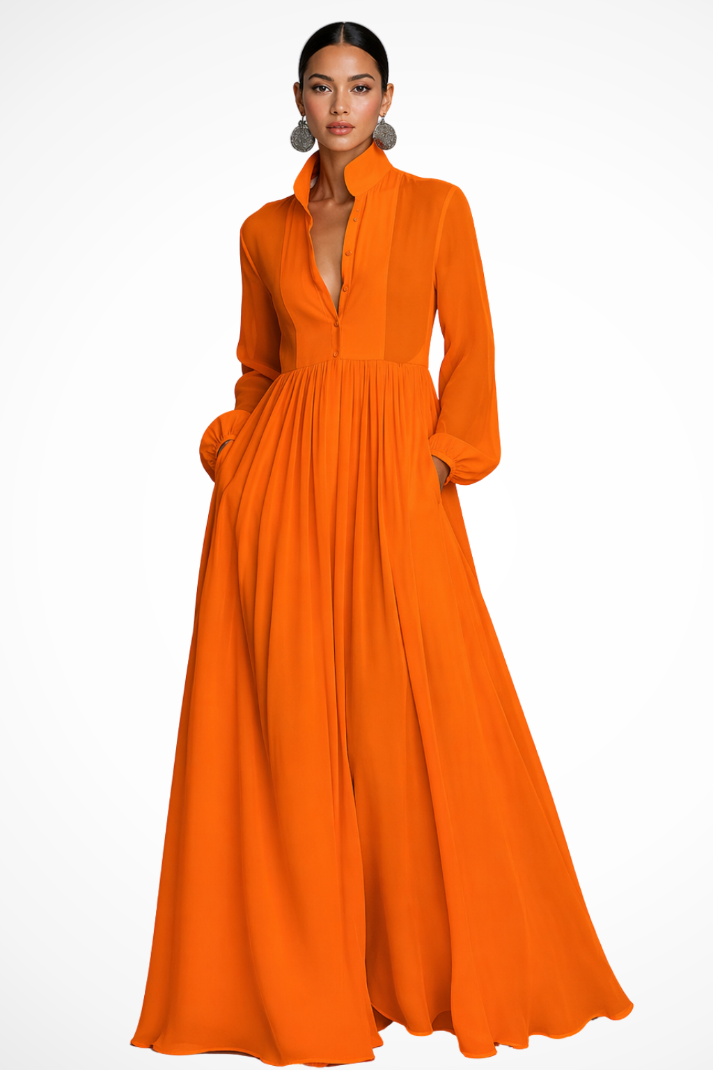 Caroline | Long-Sleeve Button-Front Pocket Women Summer Maxi Dress