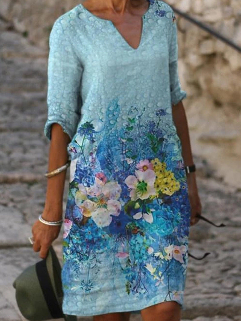Jacqueline | Three-Quarter-Sleeve Floral V-Neck Women Summer Midi Dress