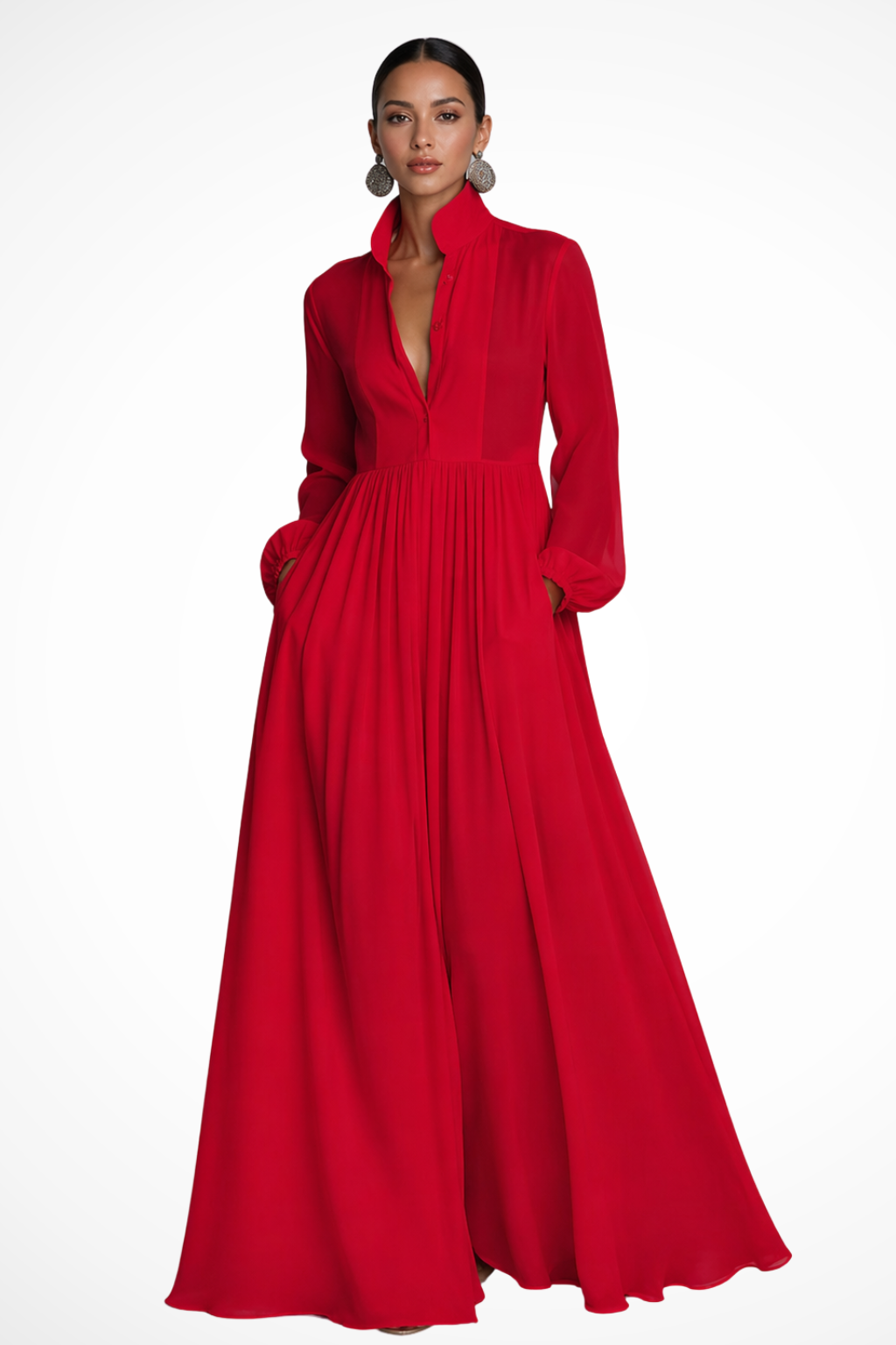 Caroline | Long-Sleeve Button-Front Pocket Women Summer Maxi Dress