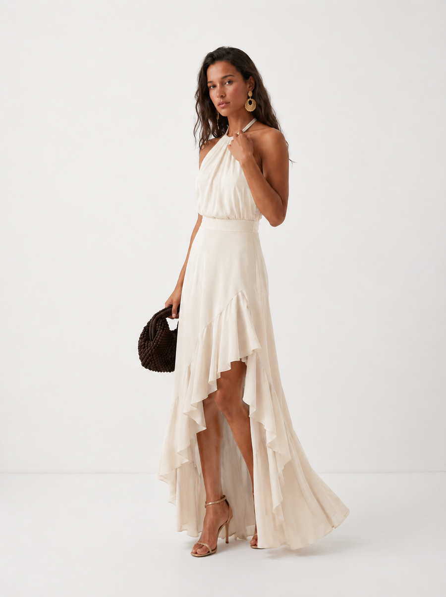 Penelope | Halter Asymmetric Ruffle Women Summer Midi Dress