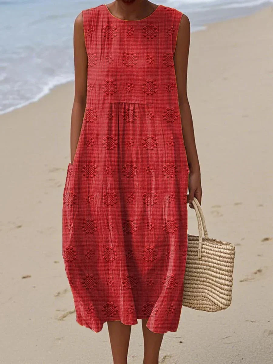 Leah | Sleeveless Embroidered Cotton Pocket Women Summer Midi Dress