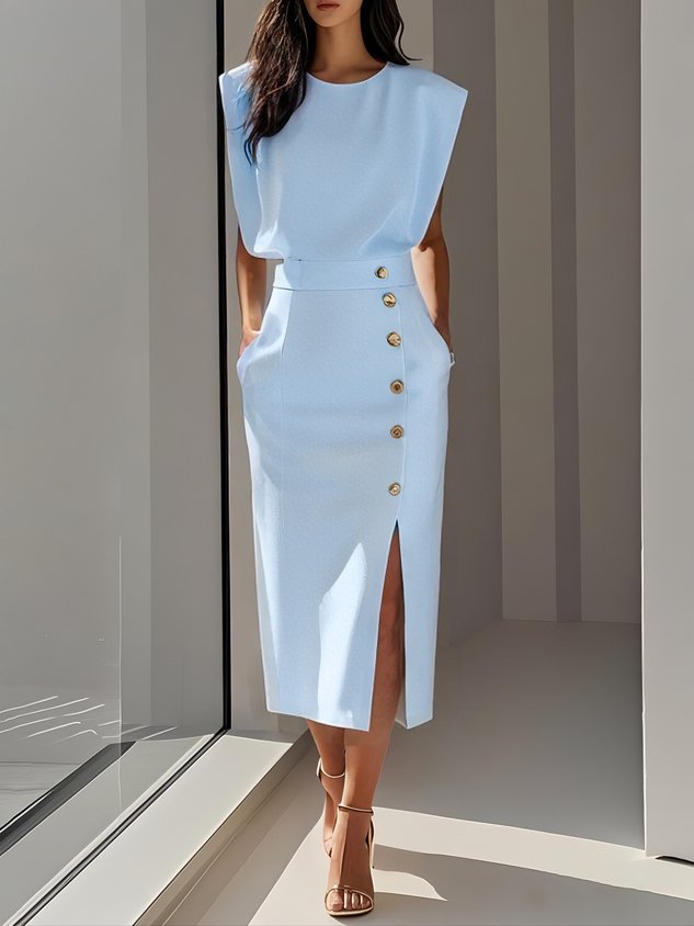 Colette | Sleeveless Side-Button Front-Slit Women Summer Midi Dress