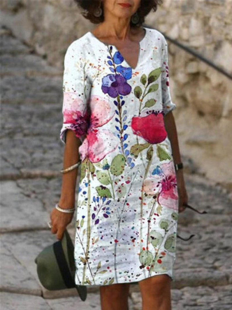 Jacqueline | Three-Quarter-Sleeve Floral V-Neck Women Summer Midi Dress