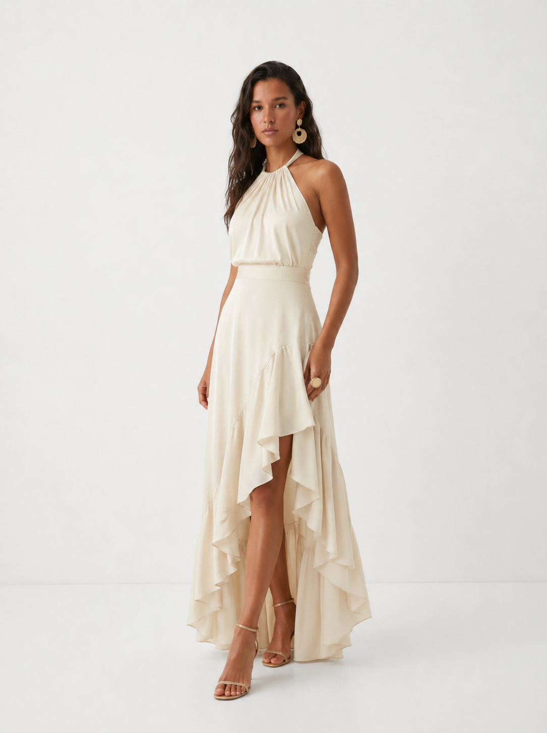Penelope | Halter Asymmetric Ruffle Women Summer Midi Dress