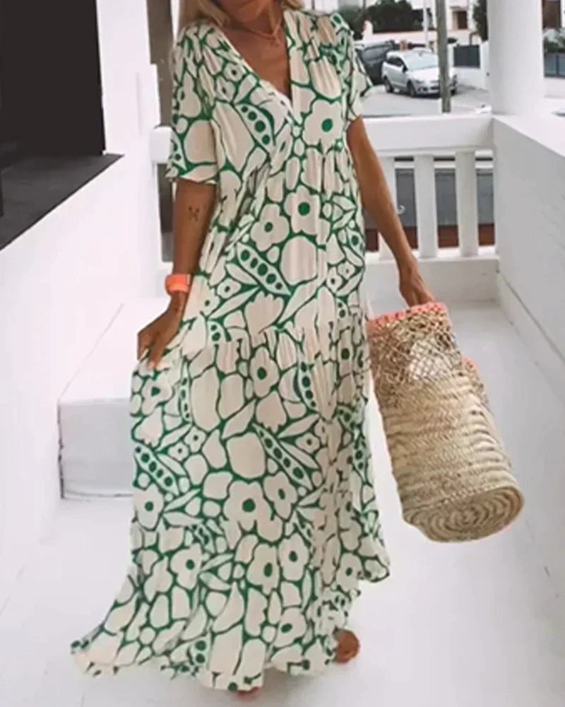 Julia | Boho Abstract Flutter-Sleeve Women Summer Maxi Dress