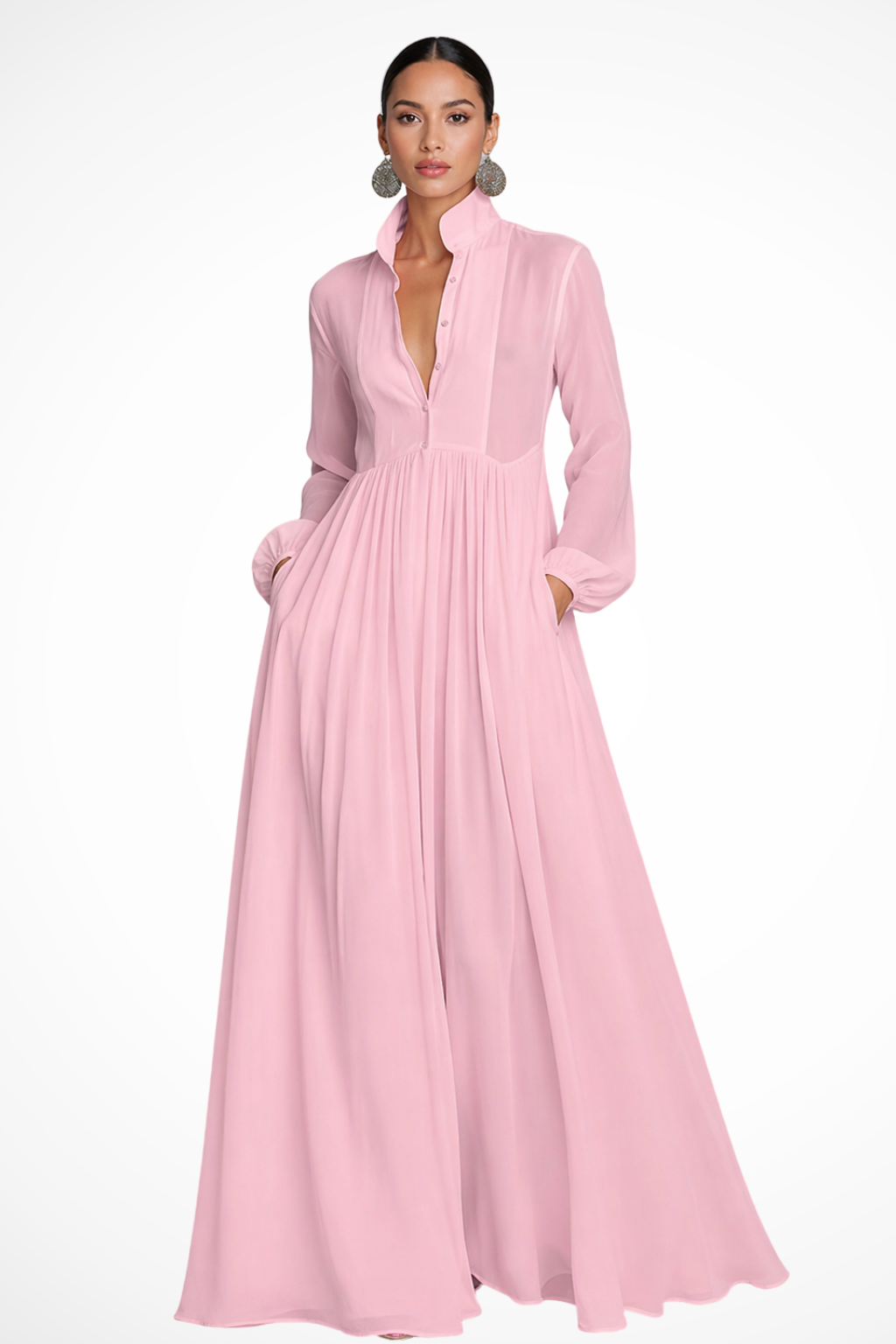 Caroline | Long-Sleeve Button-Front Pocket Women Summer Maxi Dress