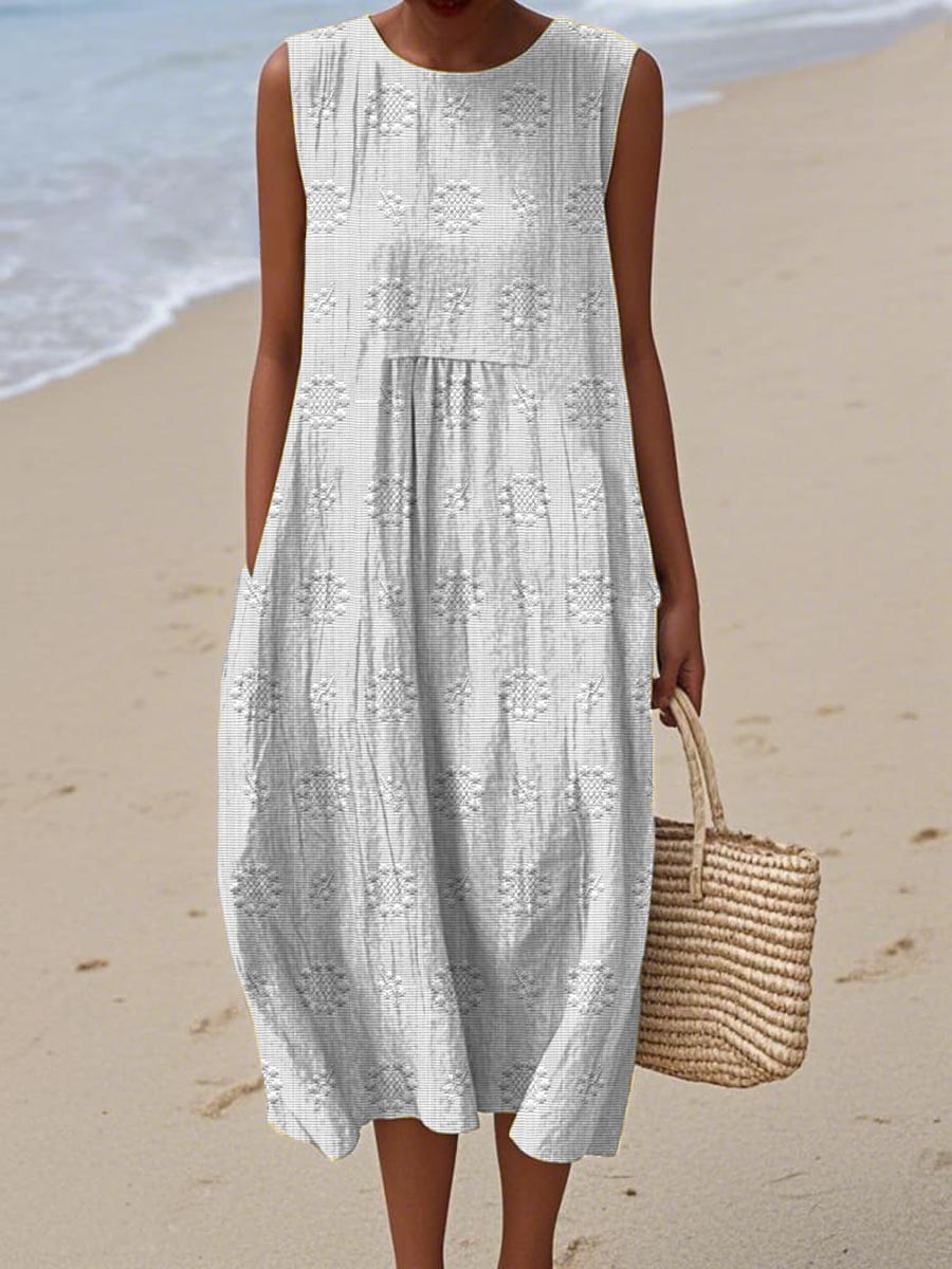 Leah | Sleeveless Embroidered Cotton Pocket Women Summer Midi Dress