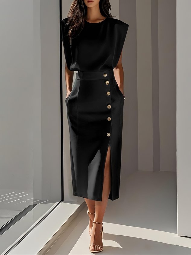 Colette | Sleeveless Side-Button Front-Slit Women Summer Midi Dress