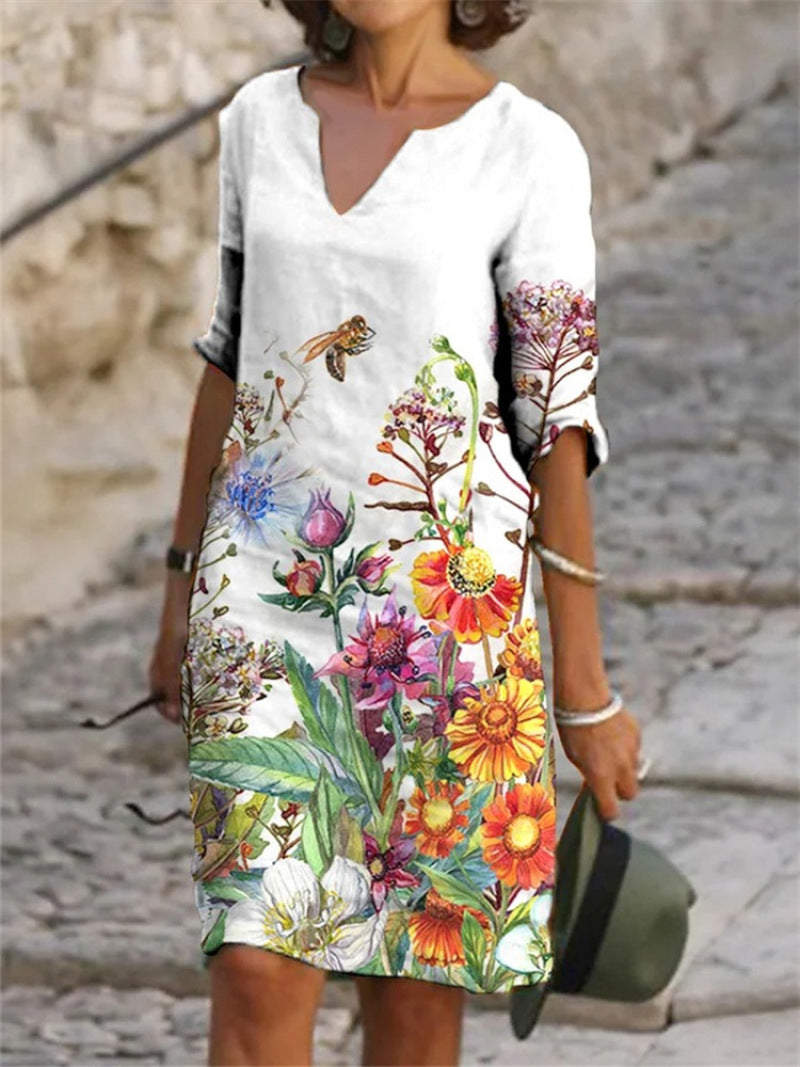 Jacqueline | Three-Quarter-Sleeve Floral V-Neck Women Summer Midi Dress