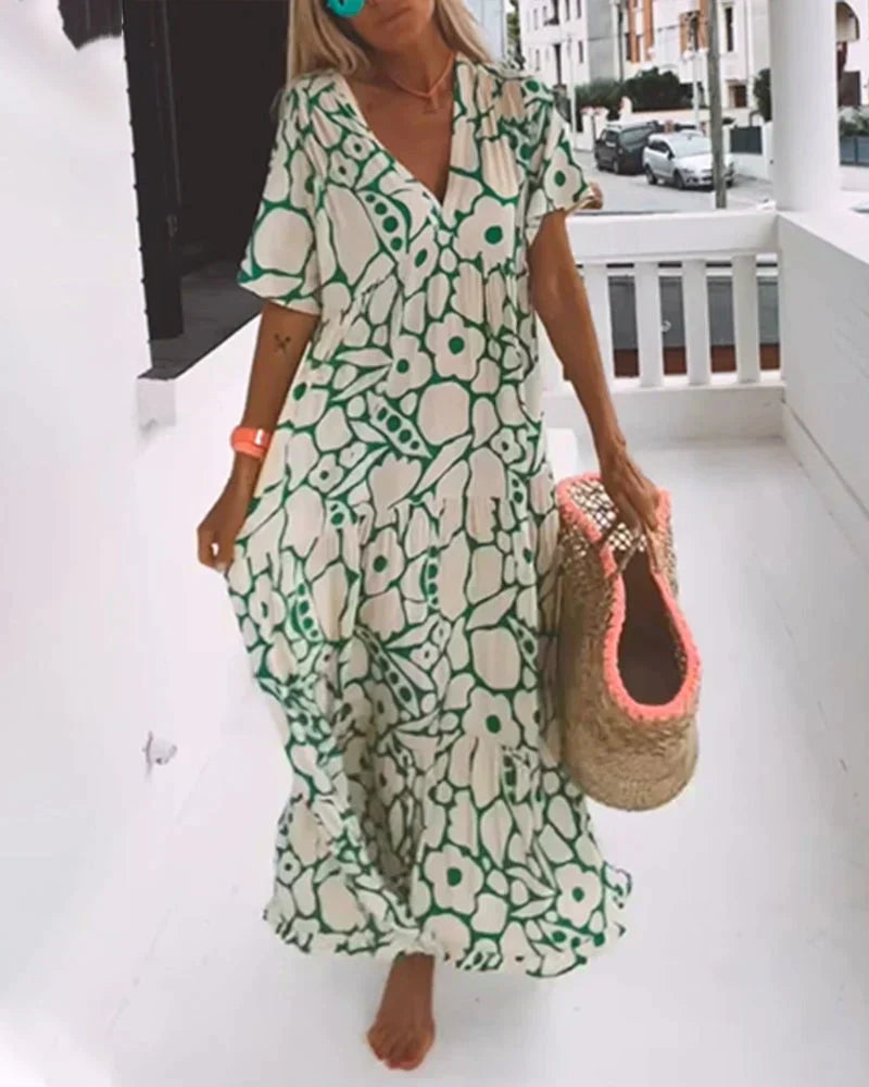 Julia | Boho Abstract Flutter-Sleeve Women Summer Maxi Dress