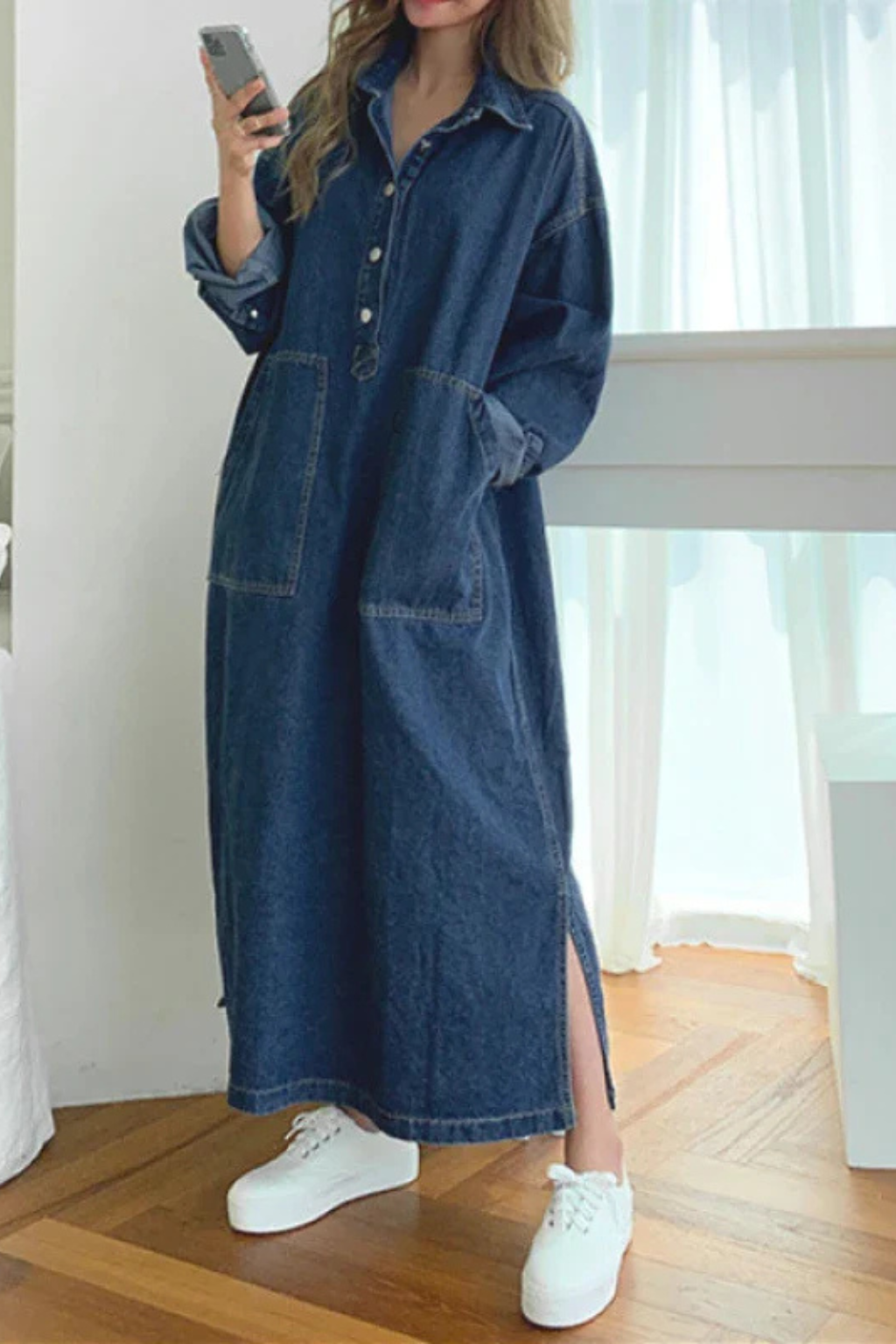 Delilah | Collared Denim Long-Sleeve Women Summer Maxi Dress