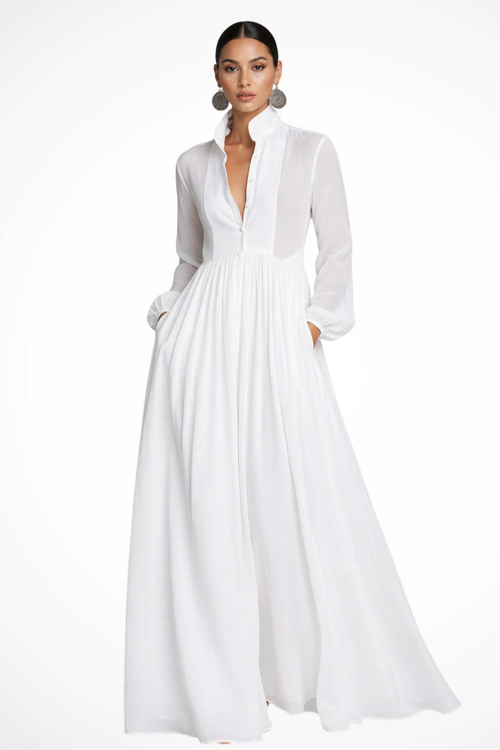 Caroline | Long-Sleeve Button-Front Pocket Women Summer Maxi Dress