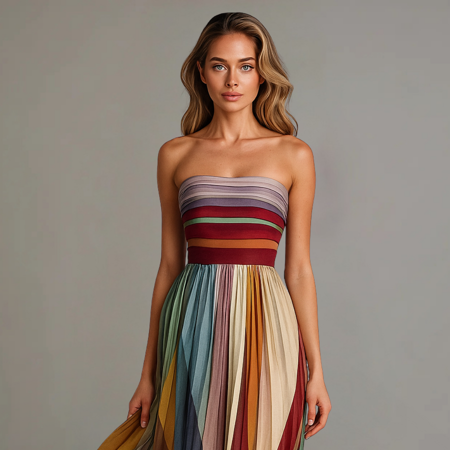Rosie | Bandeau Pleated Stripe Women Summer Maxi Dress