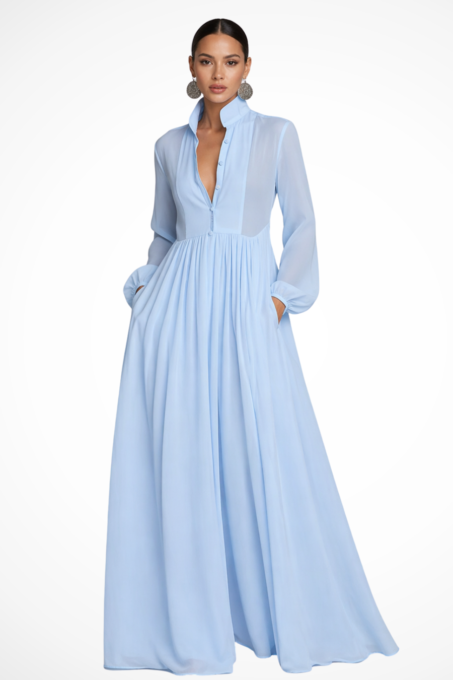 Caroline | Long-Sleeve Button-Front Pocket Women Summer Maxi Dress