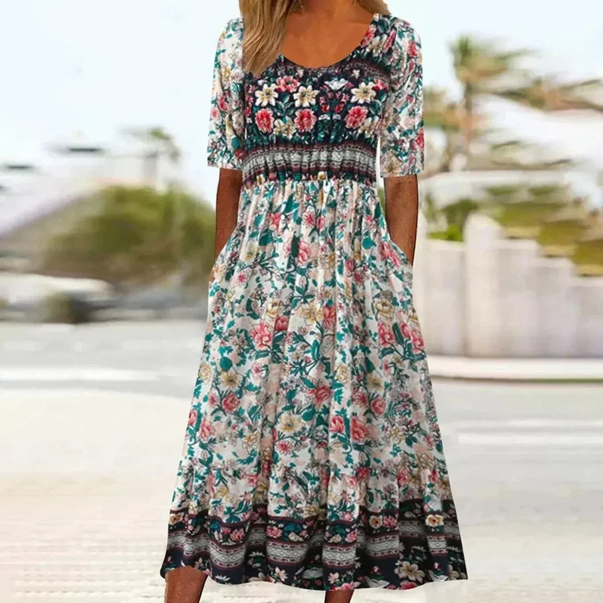 Ella | Bohemian Mosaic Square-Neck Women Summer Midi Dress