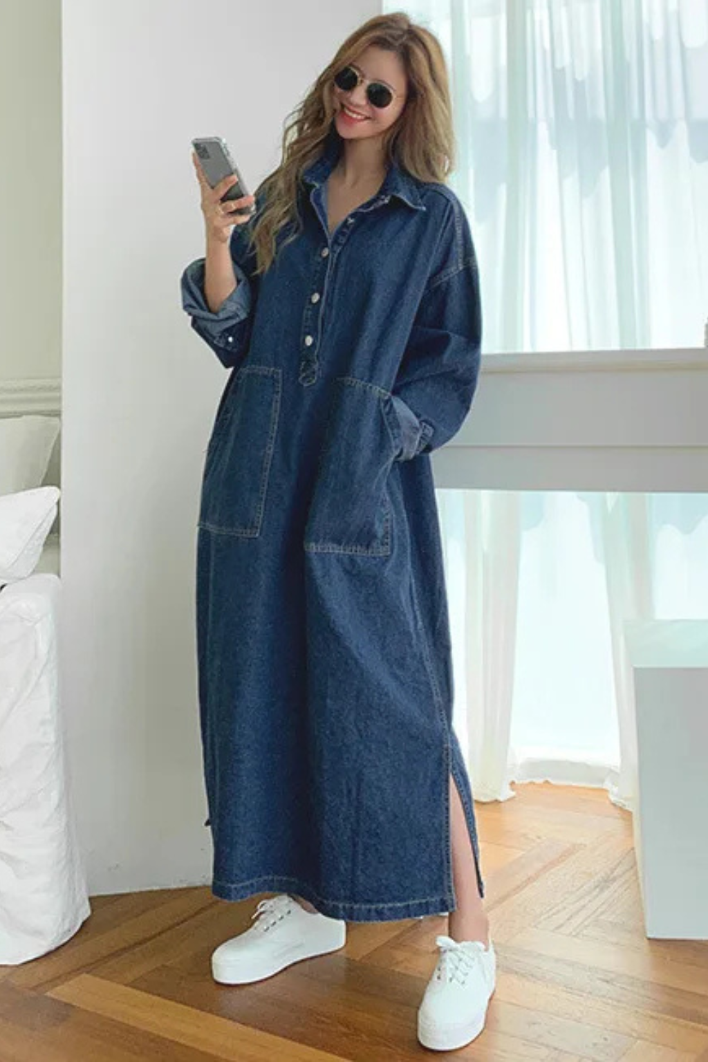 Catherine | Oversized Denim Button-Front Women Summer Maxi Dress