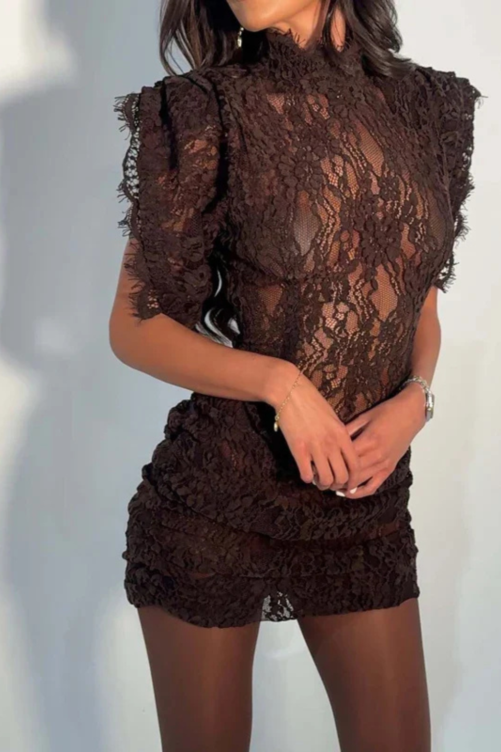 Shelby | High-Neck Lace Ruffle-Sleeve Women Summer Mini Dress