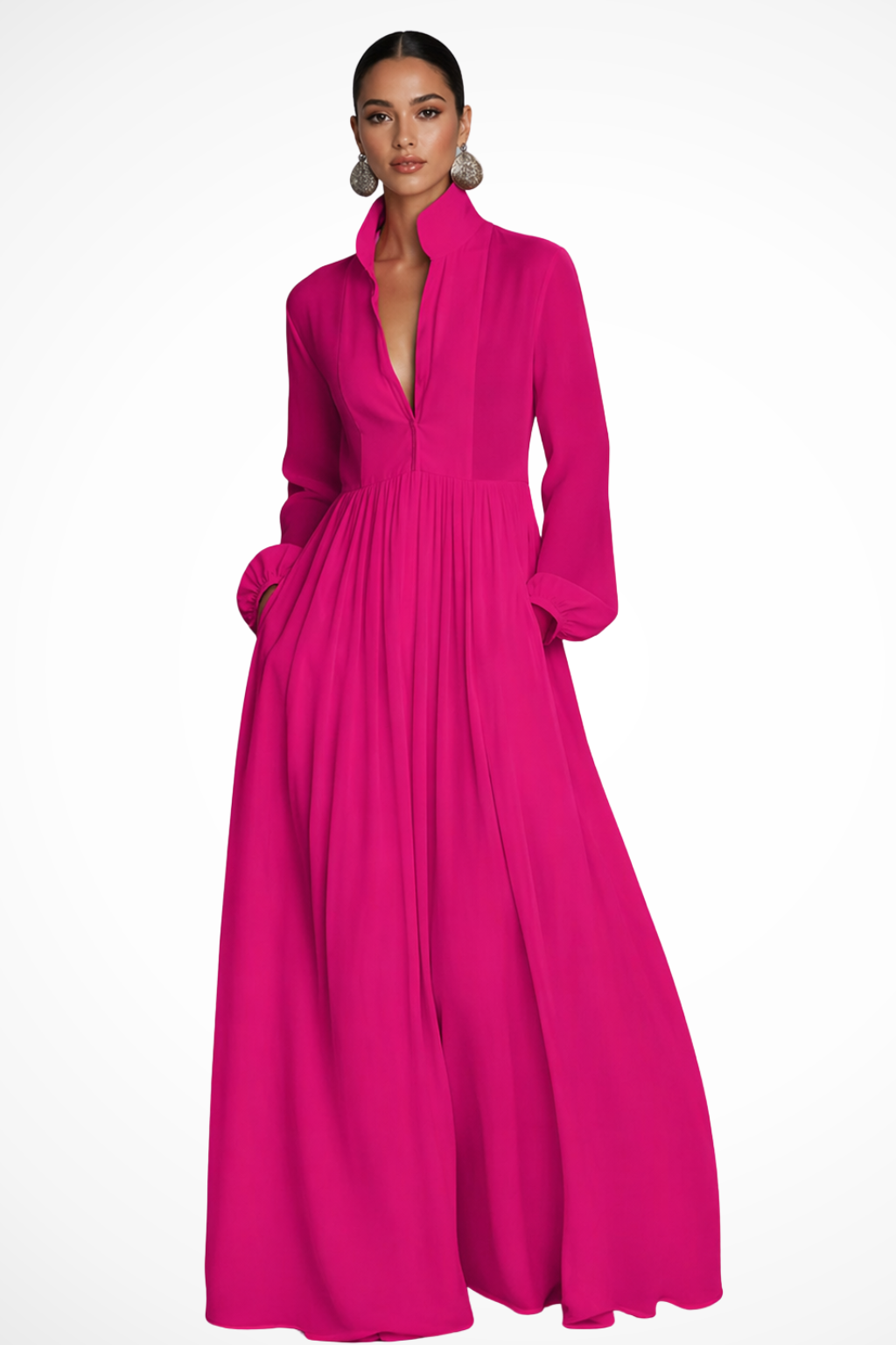 Caroline | Long-Sleeve Button-Front Pocket Women Summer Maxi Dress