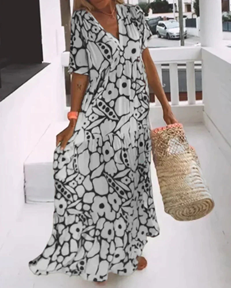 Julia | Boho Abstract Flutter-Sleeve Women Summer Maxi Dress