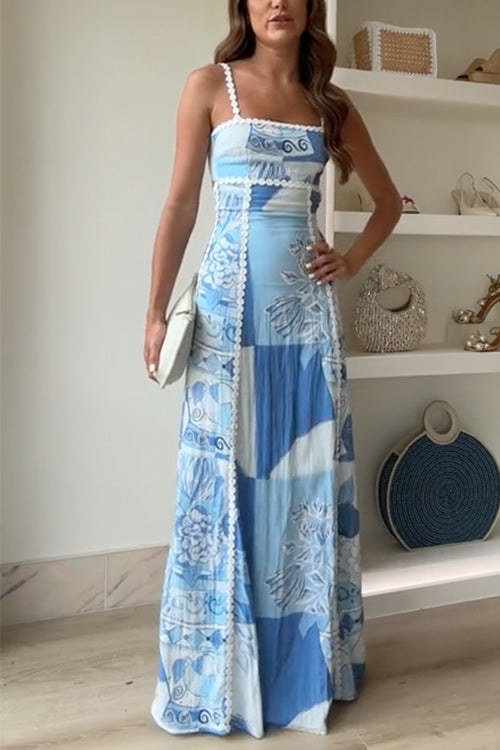 Hannah | Blue Patchwork Square-Neck Women Summer Maxi Dress