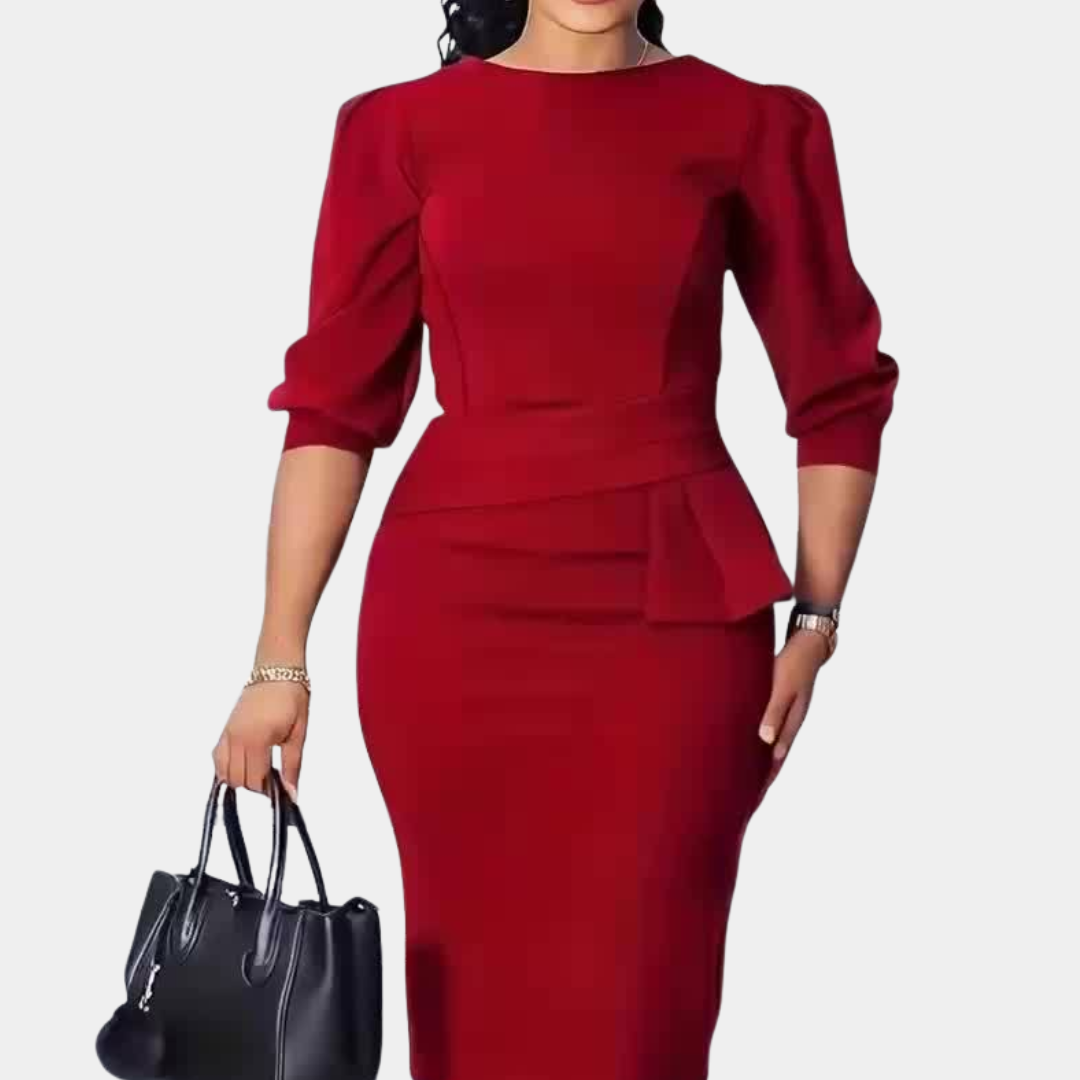 Cordelia | Peplum Ruffle Three-Quarter-Sleeve Women's Midi Dress for Autumn