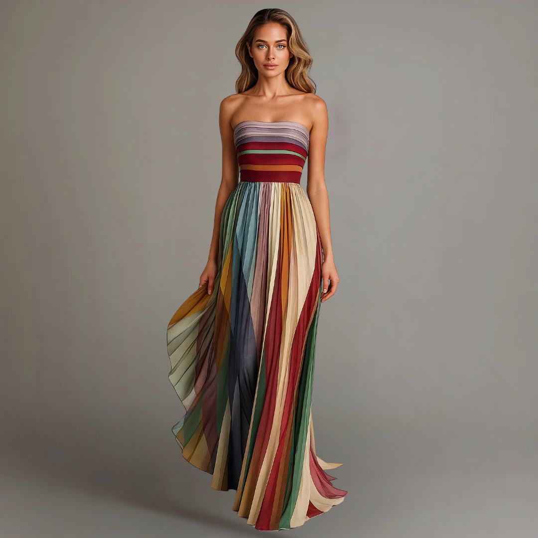 Irene | Strapless Rainbow Pleated Women Summer Maxi Dress