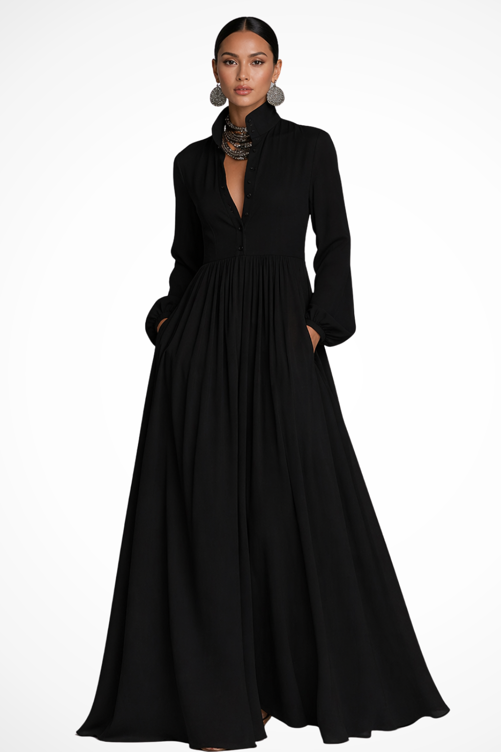 Caroline | Long-Sleeve Button-Front Pocket Women Summer Maxi Dress