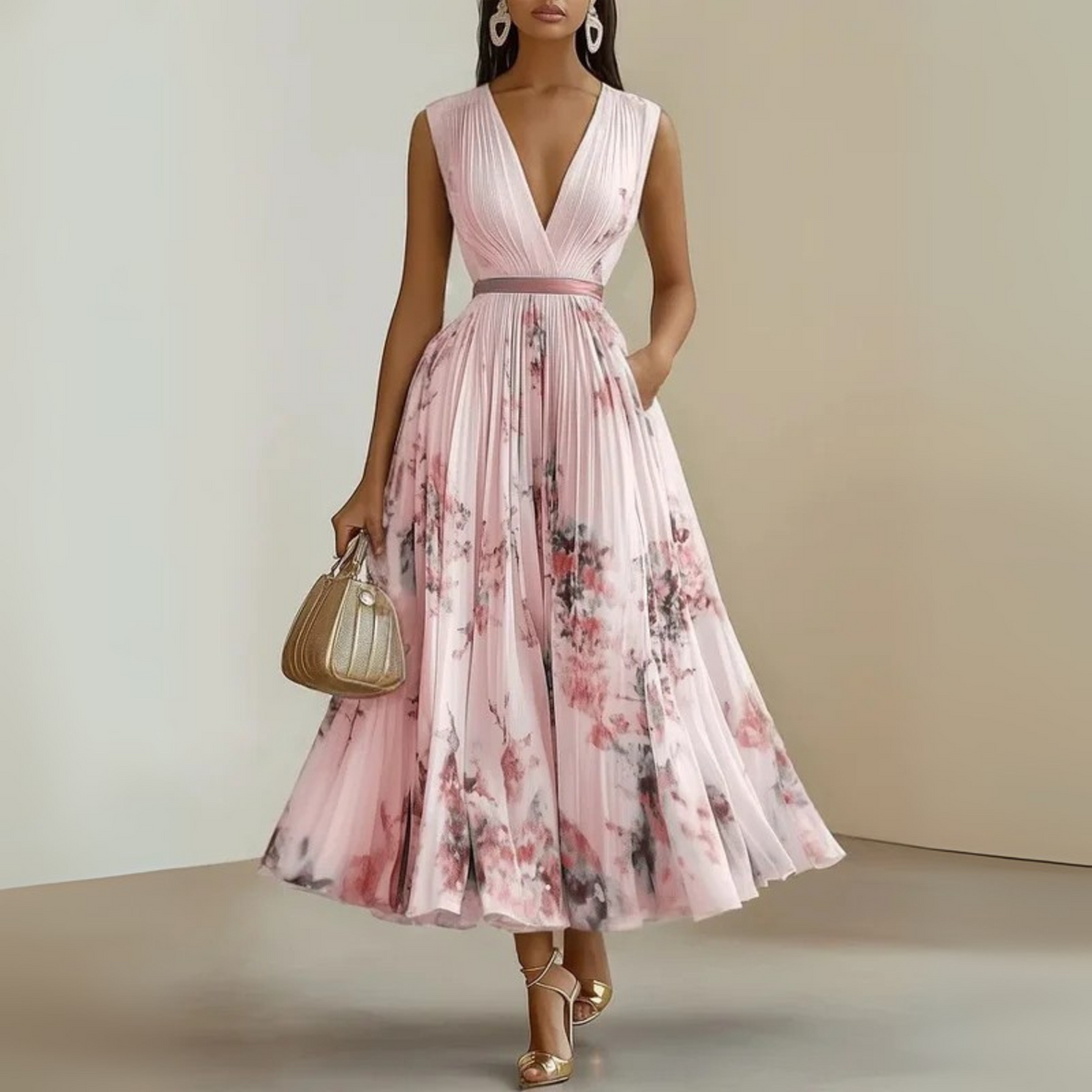 Jasmine | Floral Deep-V Sleeveless A-Line Women Summer Midi Dress