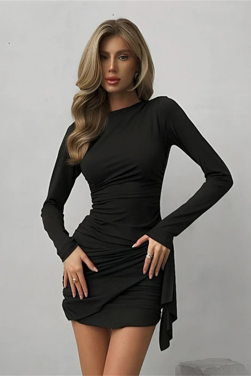 Maddie | Long-Sleeve Ruched Asymmetric Women Summer Mini Dress
